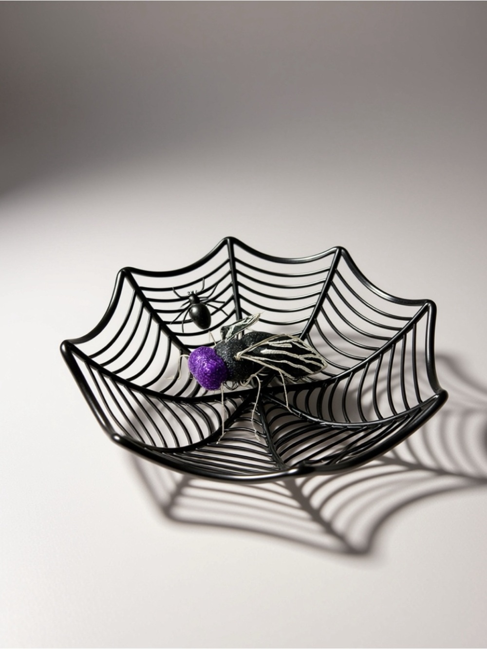 Black Spiderweb Decorative Plastic Bowl with Purple Fly Accent - Halloween
